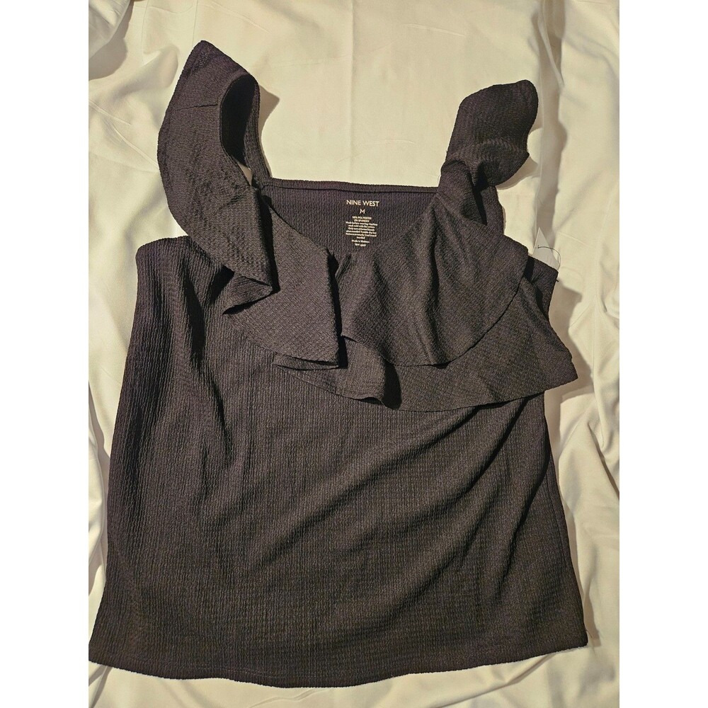 NINE WEST Womens Sz Medium‎ Black Sleeveless Round Neck Ruffled Tank Top Shirt